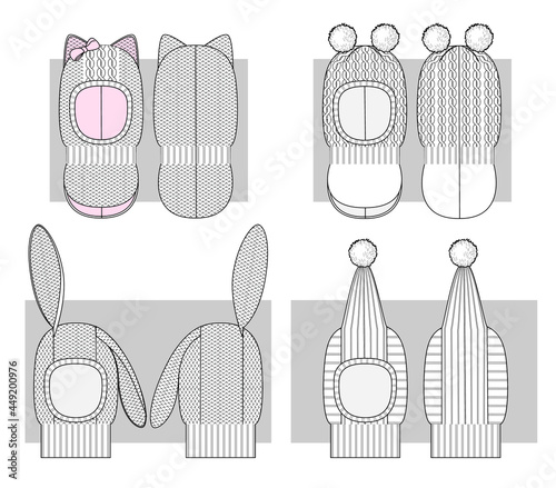 Winter kids balaclava hats set of technical sketches with pompoms and cat and bunny ears . Vector illustration.
