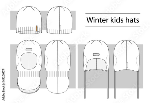 Winter kids hats set of technical sketches. Vector illustration.