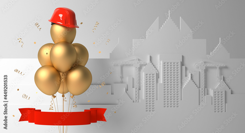 Air balloons with red protective helmets on an urban silhouette background.
A greeting card or banner template for the Builder's Day, Labor Day or the real estate company anniversary. 3D render. Air balloons with red protective helmets on an urban silhouette background.
A greeting card or banner template for the Builder's Day, Labor Day or the real estate company anniversary. 3D render.