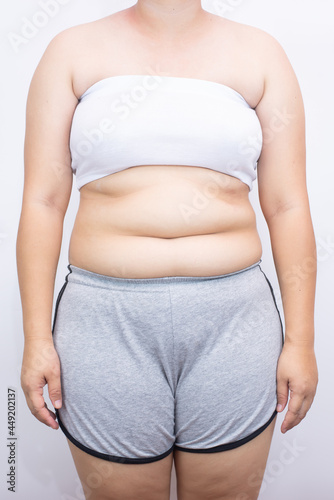 beautiful fat woman standing on white background she wants to lose weight The concept of underarm liposuction surgery lose belly fat and break down thigh fat.