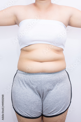 beautiful fat woman standing on white background she wants to lose weight The concept of underarm liposuction surgery lose belly fat and break down thigh fat.