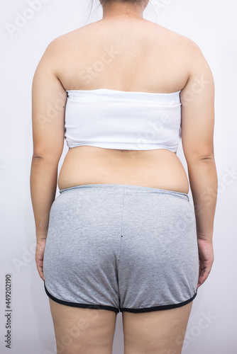 beautiful fat woman standing on white background she wants to lose weight The concept of underarm liposuction surgery lose belly fat and break down thigh fat.
