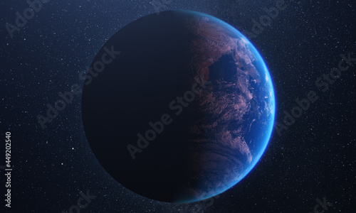 Front view of planet Earth. Half day and half night. 