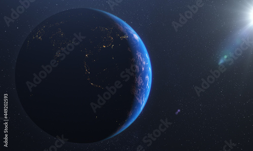 planet earth over starry night space. Changing from night to day. 