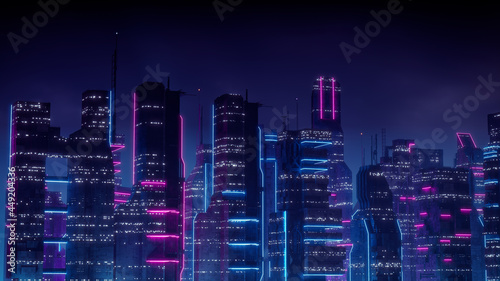 Sci-fi City Skyline with Blue and Pink Neon lights. Night scene with Visionary Superstructures.