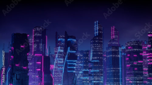 Cyberpunk City Skyline with Blue and Pink Neon lights. Night scene with Futuristic Superstructures.