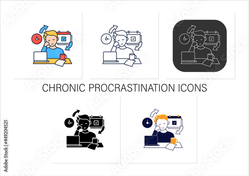 Chronic procrastination icons set.Unhappy statistic.Tired person at workplace. Routine procrastinating process.Overload.Collection of icons in linear,filled, color styles.Isolated vector illustrations