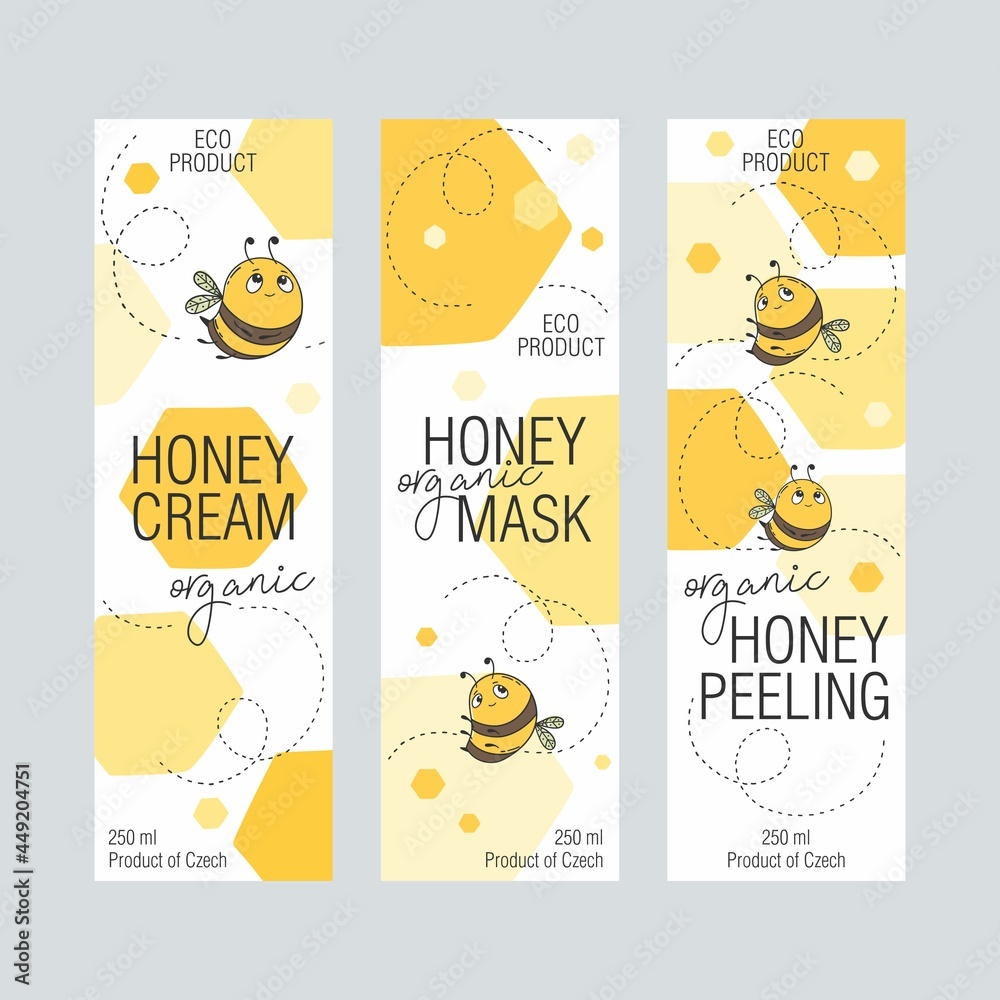 Fototapeta premium Set of labels for cosmetics with bee honey. Design templates for cosmetics packaging.