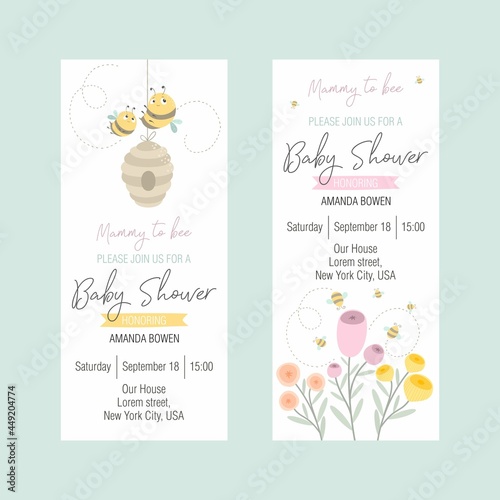 Set of invitations to a Baby Shower with a cute bee. Flat style, summer background with an inscription. Vector illustration.