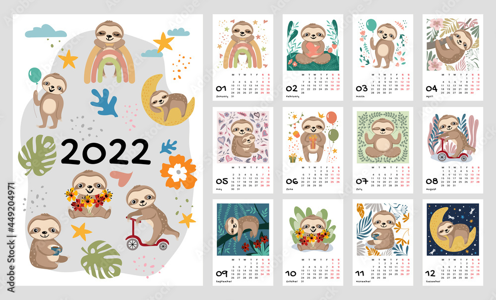 Monthly children's calendar for 2022. Bright vertical design with stylized sloths doing different activities. Editable vector illustration, set of 12 months with cover. Week starts on Monday.
