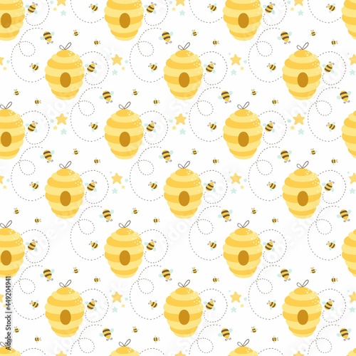 Seamless pattern with bees on a summer background. Vector illustration. To create fabric, paper, postcards.
