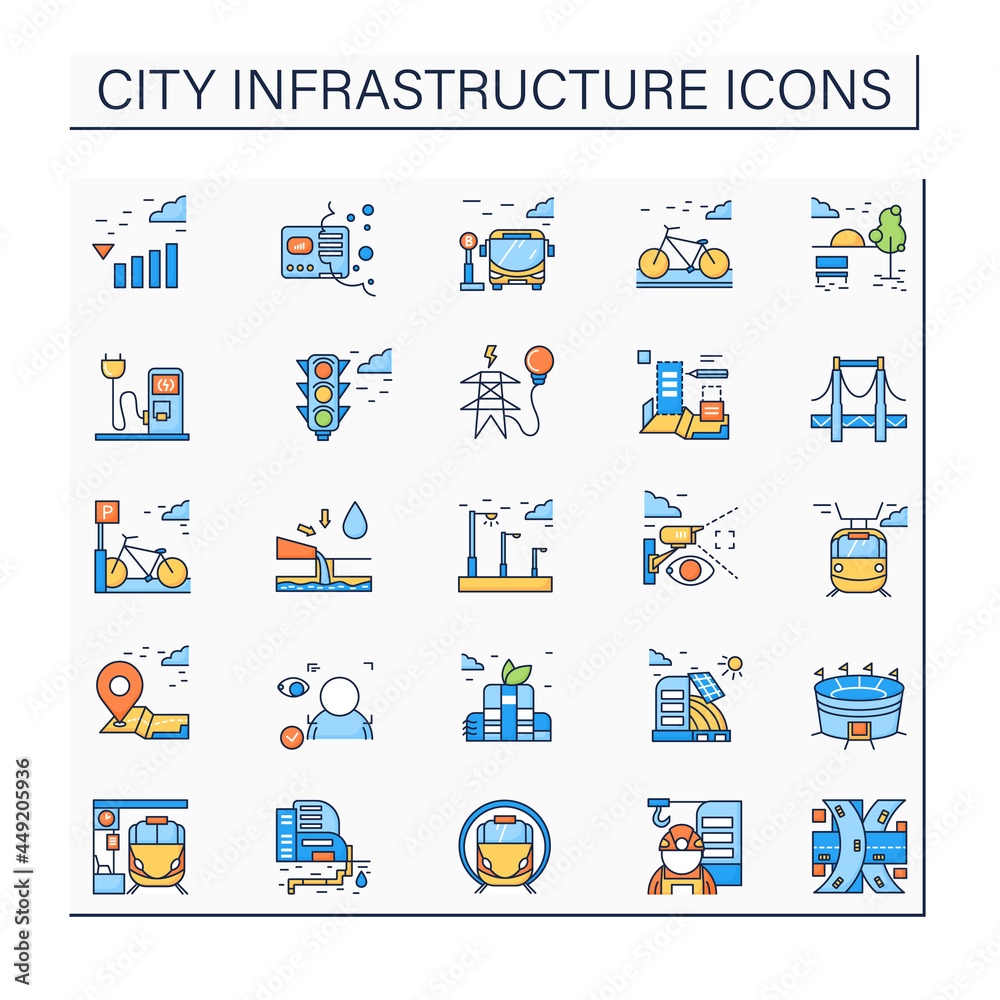 City infrastructure color icons set. Structures and services that act as basis for city life economy and quality. Isolated vector illustrations