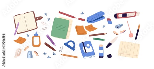 Set of different offfice stationery. Collection of school stationary objects. Notebook, sheet of paper, pencils, pens, notepad and other items. Flat vector illustration isolated on white background.