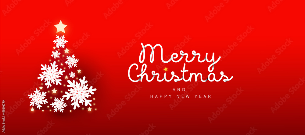 Merry Christmas and 2021 Happy New Year horizontal banner with decor snow on christmas tree on gradient background for poster, holiday flyer, stylish brochure, greeting card 