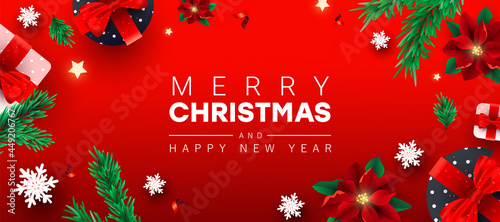 2024 Happy New Year and Merry Christmas horizontal greeting design frame template with decor gift box, snow, Christmas pine and poinsettia on gradient background