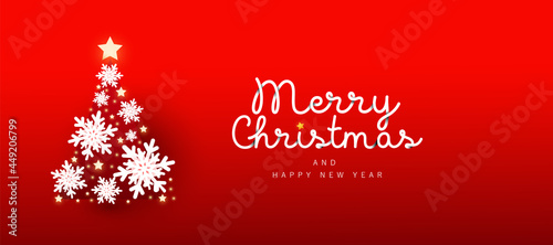 Merry Christmas and 2021 Happy New Year horizontal banner with decor snow on christmas tree on gradient background for poster  holiday flyer  stylish brochure  greeting card 