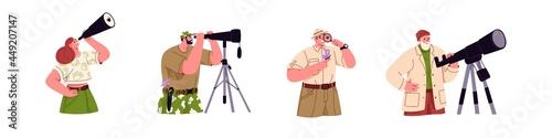 Set of people looking and watching through telescope, binoculars, spyglass and magnifying glass. Explorers observing nature and sky with lenses. Flat vector illustration isolated on white background.