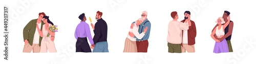 Set of love couples of different age and race. Man and woman in romantic relationships. Happy partners. Collection of enamored people. Colored flat vector illustration isolated on white background.