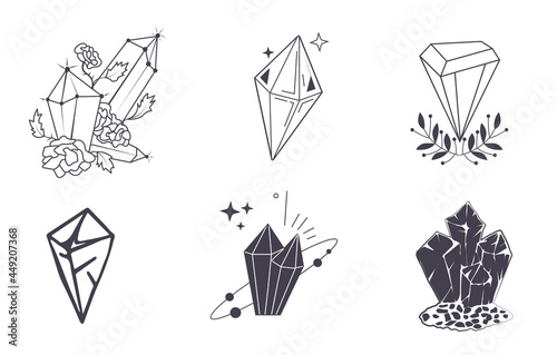 Crystals or precious stones, on a white background, a collection of icons, minerals, diamonds. Vector illustration