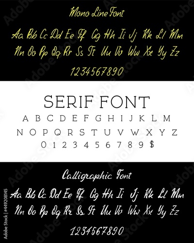 Handmade, calligraphic, linear, and serif typographic fonts set.