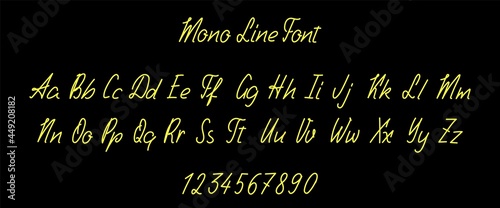 Calligraphic mono line font handmade large and small letters.