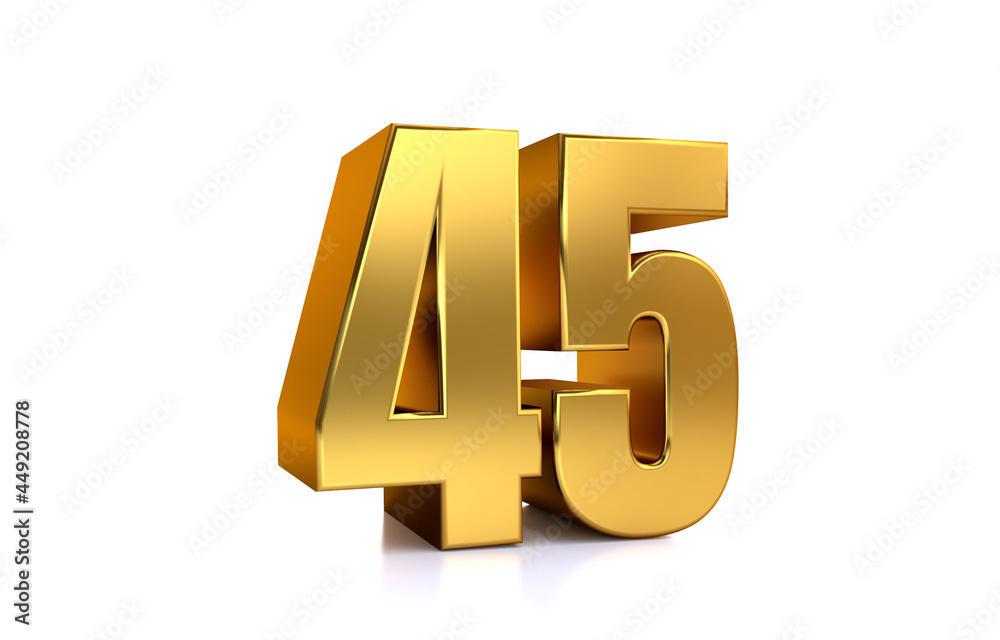 Forty-five, 3d illustration golden number 45 on white background and copy space on right hand side for text, best for anniversary, birthday, new year celebration. - obrazy, fototapety, plakaty 