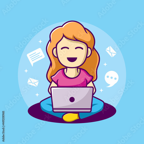 Woman working on laptop illustration. work from home cartoon character
