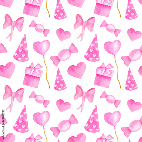 Watercolor happy birthday seamless pattern. Hand drawn pink party hat, candy, gift box, balloon, lollipop, ribbon bow. Birthday party background. Cute illustration for girls, celebration, wrapping.