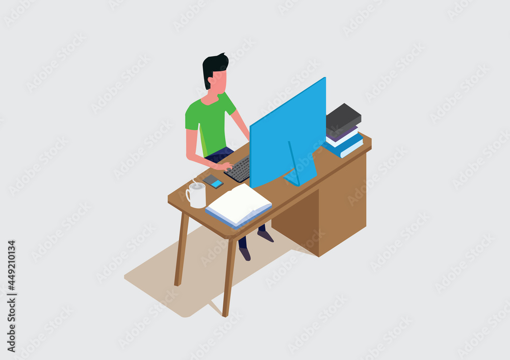 Vector illustration of a man sitting at a desk. Office work done at home. sitting in front of the computer