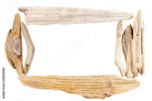Frame made of driftwood pieces isolated on white
