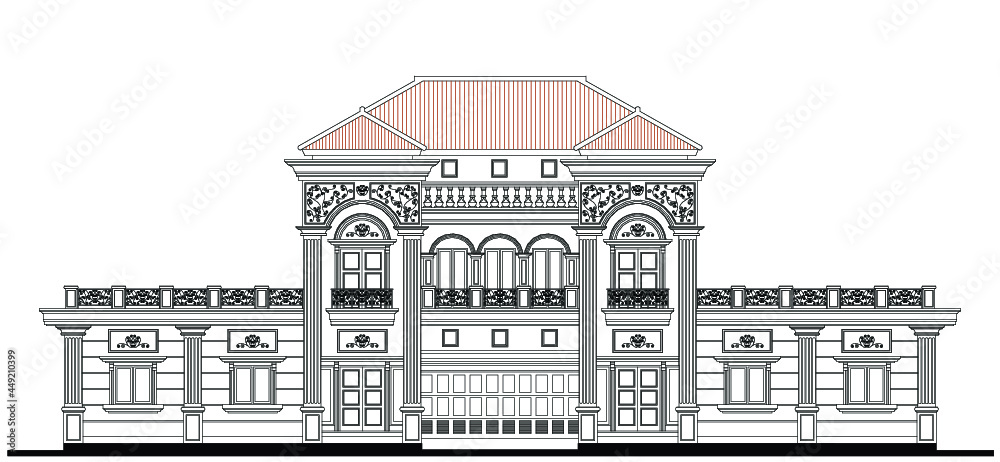 Vector facade design of 2 storey balance classic house with 8 strong columns, symmetrical windows, balconies, ornaments detail, wrought iron railing, concrete balustrade, and steep roof slope.