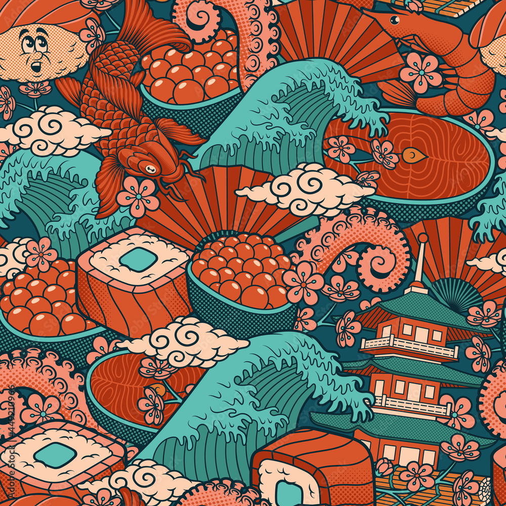 Japanese food cartoon seamless background, this design can be used as a banner for a sushi restaurant Japanese food cartoon seamless background, this design can be used as a banner for a sushi restaurant