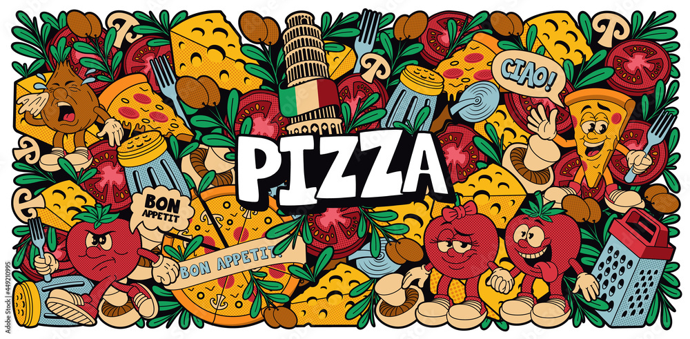 a colorful pizza background in cartoon style, this design can be used as wallpaper for a restaurant