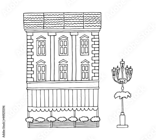Urban retro building with a cafe on the ground floor. Street light. Vector black and white sketch illustration hand drawn