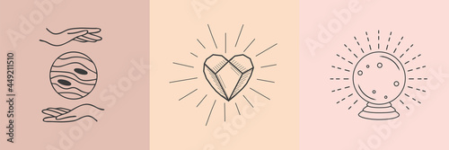 Mystic boho logo, design elements with hands, star, eye, magic symbols