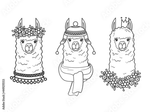 Collection of cute llamas with a crown, flowers and winter hat and scarf. Portrait of a cute animal - coloring book page. Vector illustration isolated on white background