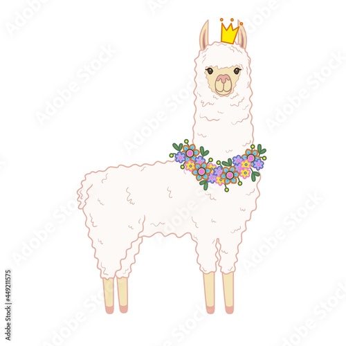 Cute llama with a wreath of flowers and crown on his head. Vector illustration isolated on white background