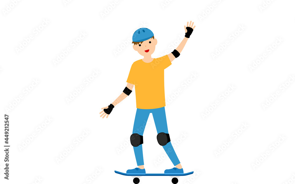 スケートボードに乗って手を振る男の子