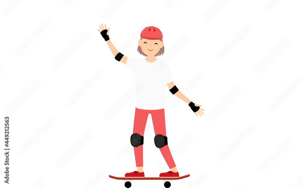 Obraz premium スケートボードに乗って手を振る女の子