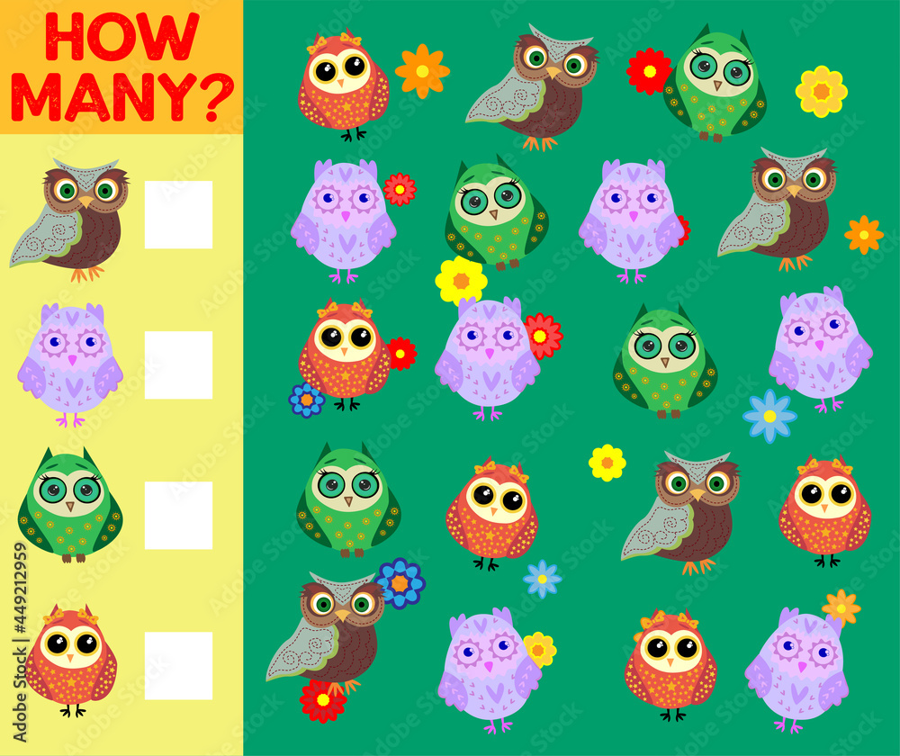 Obraz premium Cartoon Illustration of Educational Counting Activity Game for Children with Bird Characters