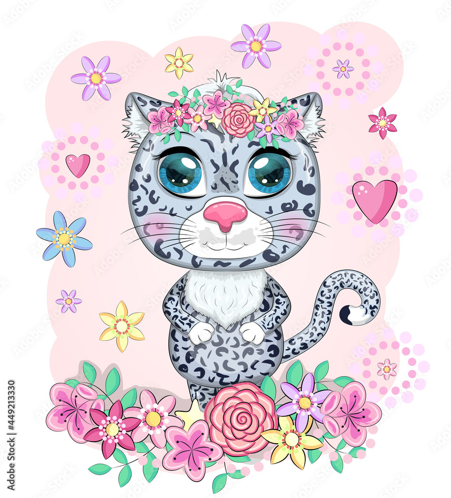Fototapeta premium Cartoon snow leopard with expressive eyes among flowers, hearts, decorative elements. Wild animals, character, childish cute style.