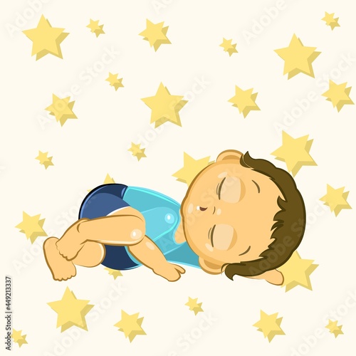 Little baby sleeping. Boy. Asleep. Isolated object on a white background. Cheerful kind funny. Cartoons flat style. Preschool age. Childhood Vector.
