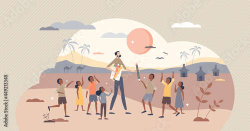 Volunteer abroad and social human care project mission tiny person concept. Poverty and lack of education fight with community support and charity support vector illustration. Global responsibility.