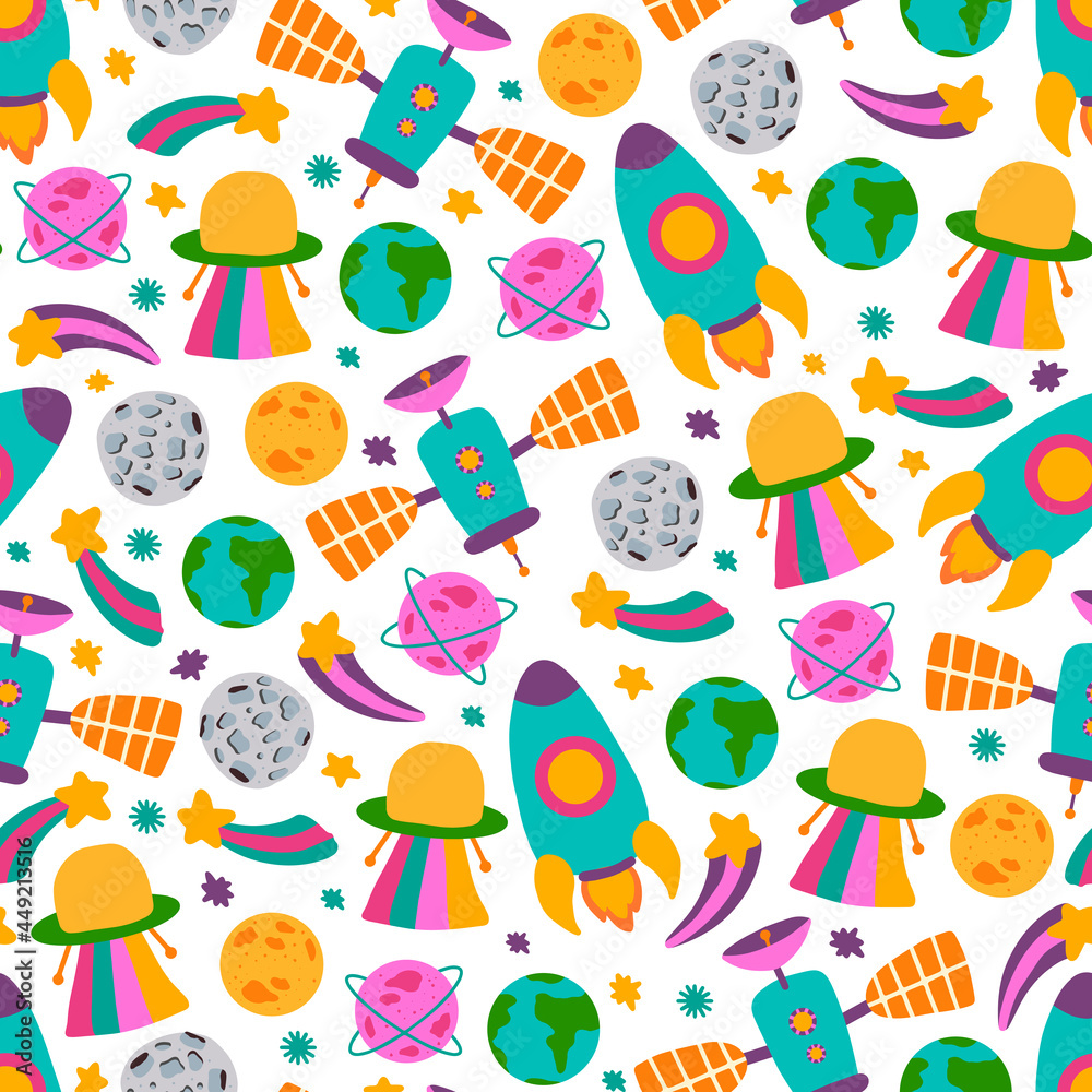 Naklejka premium Baby space seamless pattern with satellite, planet and rocket