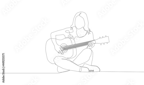 Self-drawing animation of continuous drawing of one line of a girl playing an acoustic guitar