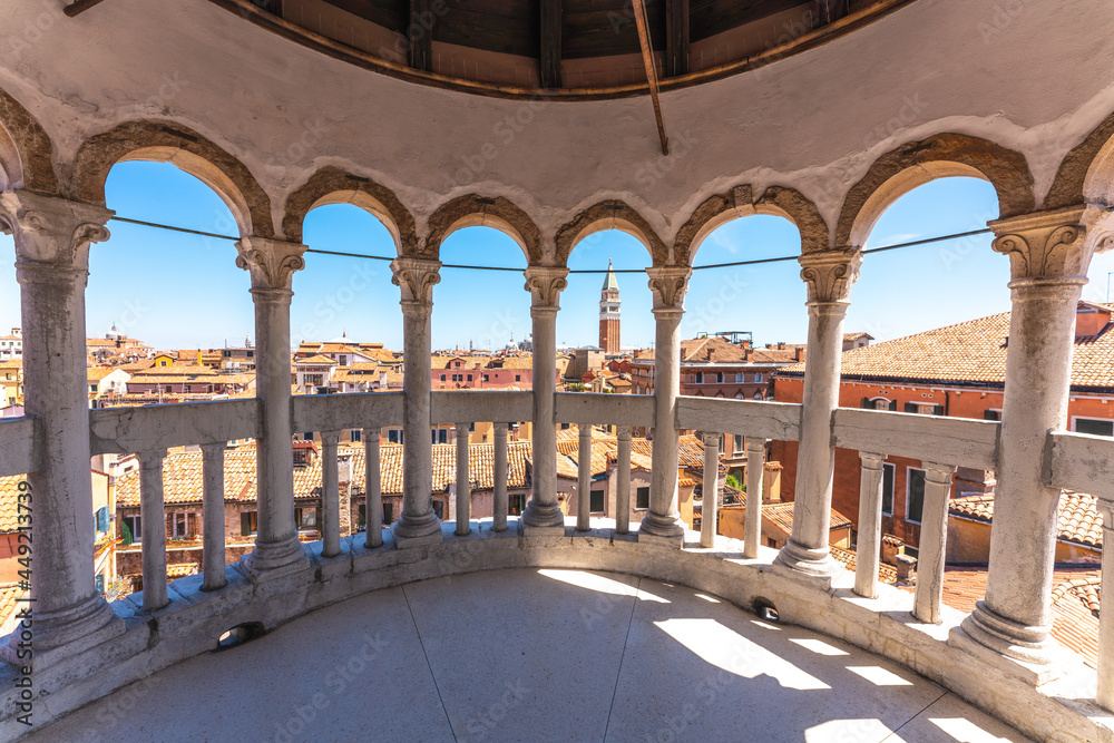 St Mark bell tower from Contarini del Bovolo stairway. Venice, Veneto, Italy.