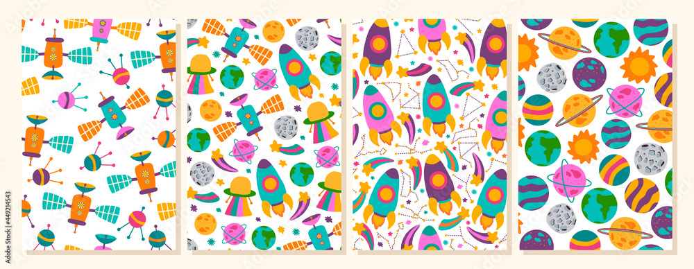 Baby cosmic greeting card set with hand-drown space elements. Postcard with rocket, constellation, shuttle and planet Baby cosmic greeting card set with hand-drown space elements. Postcard with rocket, constellation, shuttle and planet