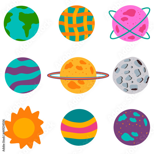 Baby abstract hand-drawn planet set of elements in bright colors