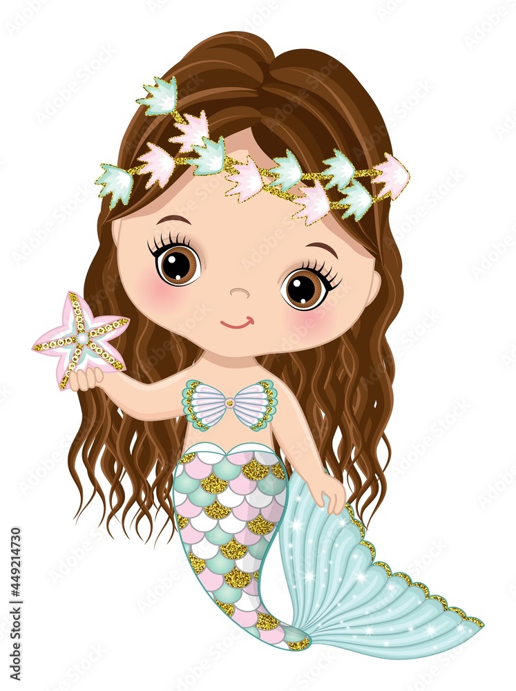 Cute Little Mermaid with Glitter Fishtail, Long Curly Hair Holding Starfish. Vector Glitter Mermaid