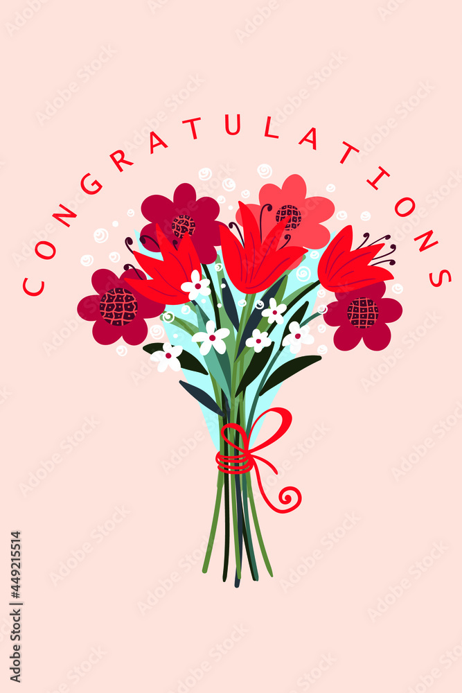 Bouquet of cute decorative flowers. Vector floral illustration. Greeting card with inscription Congratulations. 